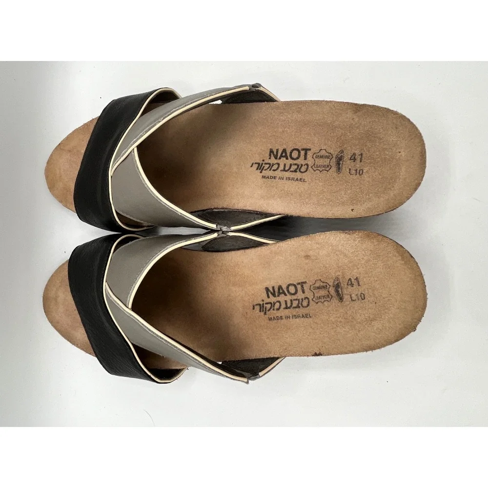 Naot Women Black Grey Leather Wedge Slide Sandals Made Israel Sz EU 41 US 10